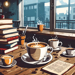 cup of coffee and books