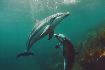 Fototapeta premium Dolphin mother and calf bond in sunlit ocean water