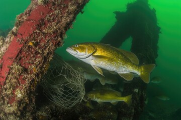 Fototapeta premium Underwater Scene of Fish Near Shipwreck with Algae and Netting for Marine Biology Study