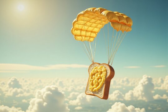 Creative funny illustration of a sandwich flying with a parachute in the sky, surrounded by fluffy clouds, with a bright sun