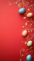 Colorful Easter Eggs with Elegant Gold Leaves on Red Background Celebrating Chinese New Year in a Minimalist Style for Festive Decoration