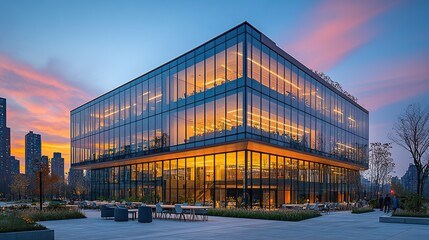 Obraz premium Open-plan office with desks, chairs, and large windows providing city views, featuring a gray color scheme and light wood desktops