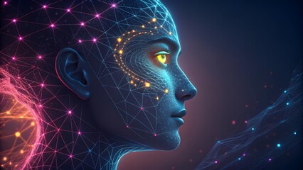 A stunning concept art of a glowing brain inside an X-ray skull, surrounded by blue fractal waves and smoke. This medical-themed design highlights the power of the mind, health, and neurology.