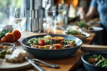 a bowl filled with salad on an elegant dinner table with blurred people enjoying delicious food and wine in the background