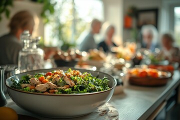 a bowl filled with salad on an elegant dinner table with blurred people enjoying delicious food and wine in the background
