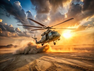 Helicopter Landing Desert Military Base - Aerial Stock Photo