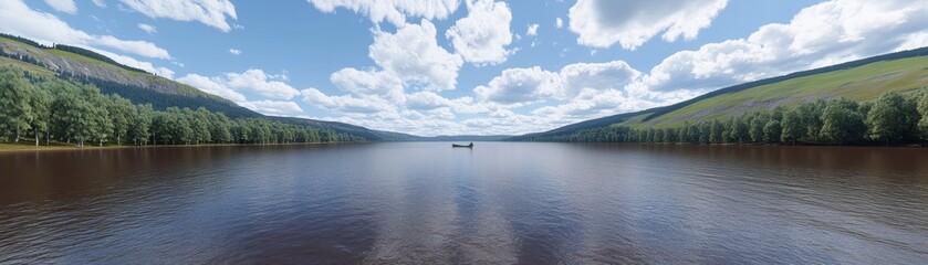 Obraz premium Tranquil Lake View with Boat Under Cloudy Sky ? Ideal for Nature Retreat Promotions