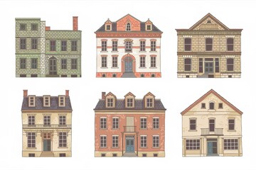 Fototapeta premium Six charming antique house facades in varying styles and colors