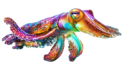 Vibrant cuttlefish with iridescent skin, isolated on white background.