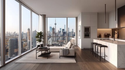 A modern living space featuring large windows with a city skyline view, minimalist decor, and a cozy atmosphere.