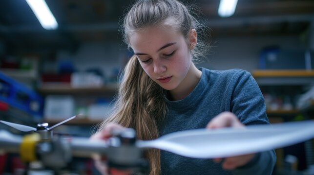 High school girl assembling a drone propeller during a shop class.