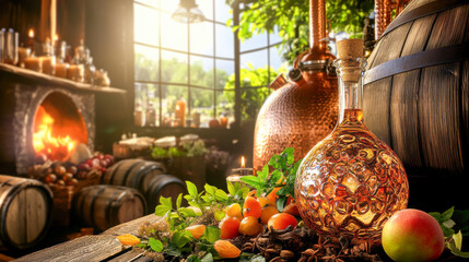Cinnamon-infused spirits and fresh fruit displayed near a rustic fireplace in a cozy distillery during the golden hour