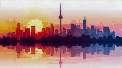 Obraz premium Sunset over the city skyline with reflective waters and towering buildings during twilight hours