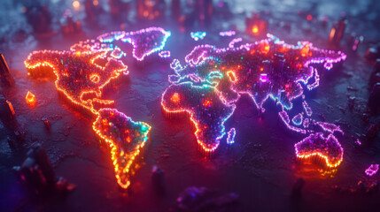 Fototapeta premium Colorful neon world map displayed with glowing lights on a textured surface, showcasing geographical outlines and vibrant hues