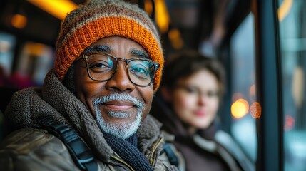 Obraz premium Passengers, including workers and students, commute on a bus, highlighting the importance of public transportation in urban areas