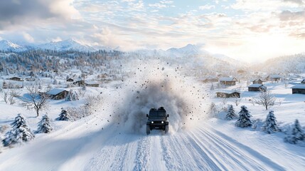 Off-Road Vehicle Driving Through Snowy Landscape