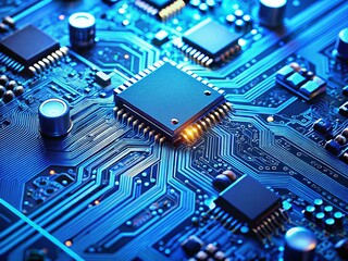 High-Tech Blue Electronic Circuit Board Close-Up with Copy Space