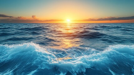 Naklejka premium Vibrant sunset over a vast ocean with waves.