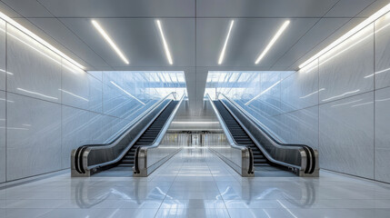 Obraz premium Modern escalators in a sleek, white corridor of a contemporary building during daytime
