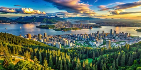 Fototapeta premium Stunning Aerial Panorama of Vancouver Cityscape from Grouse Mountain, British Columbia, Canada