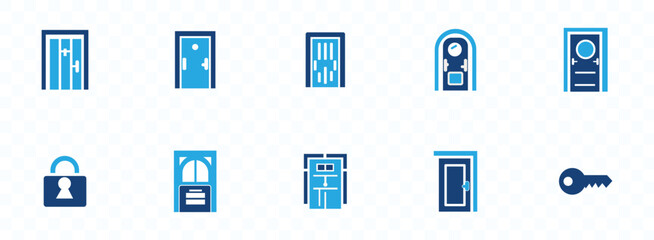 Door icon set. Containing enter, exit, doorbell, knock, open door, home, closed door, pull and push symbol.
