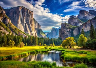 Fototapeta premium Stunning Candid View of Yosemite Valley Floor: Majestic Mountains and Lush Meadows