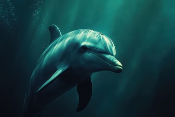 Curious dolphin and diver in dramatic underwater portrait scene