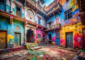 Fototapeta premium Holi Festival Urban Exploration: Abandoned Building, Colorful Powder