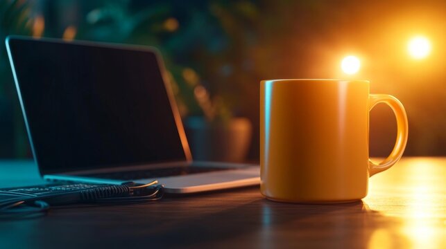 Minimalist coffee mug mockup on a tech desk. Generative AI