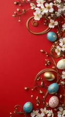 Minimalist Easter Frame with Colorful Eggs and Blossoms for Celebrating Chinese New Year and Spring Festivities