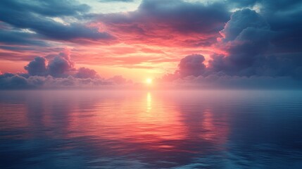 Obraz premium Vibrant sunset over calm ocean reflecting colorful sky.