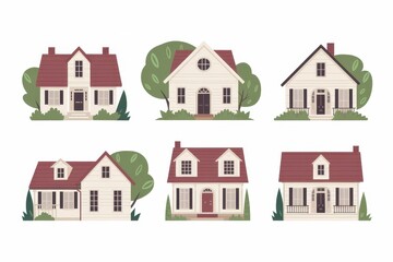 Six charming suburban houses with red roofs and green landscaping