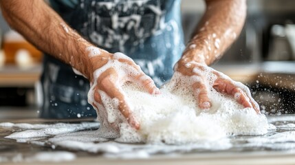 Fototapeta premium Soapy Hands Washing Dishes Close-up of Lather and Suds, Gentle Light, Kitchen Background
