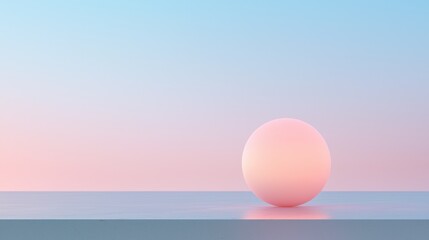 A pink ball is sitting on a table in front of a blue sky