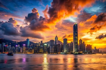 Obraz premium Hong Kong Skyline Silhouette at Dusk - Dramatic Cityscape Background Image