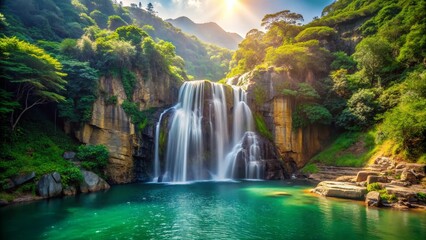 Fototapeta premium Hong Kong Waterfall Bay: Dramatic Cliffside Waterfall, Stunning Coastal Scenery