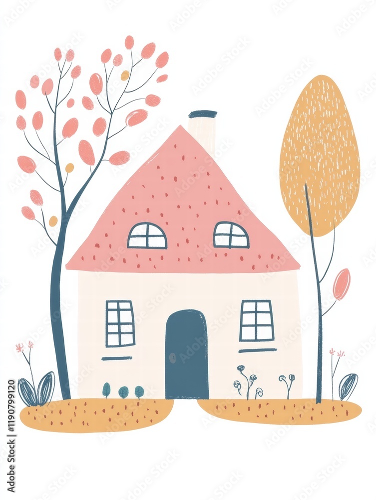 Poster cozy house silhouette with a garden and warm atmosphere surrounded by colorful trees and plants in a