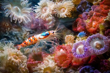 Naklejka premium Mantis shrimp ambush in colorful reef environment with suspenseful mood