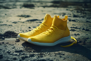 Naklejka premium Yellow sneakers placed on the ground with dynamic laces that appear to fly in motion, emphasizing speed and agility for athletes and active individuals.