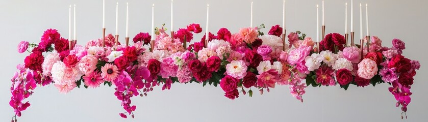 A vibrant floral installation featuring a variety of pink flowers suspended gracefully, creating an elegant and colorful decor.