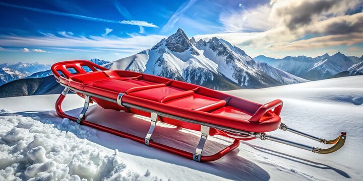 Sturdy Red Rescue Sled on Snowy Mountain Terrain - Winter Emergency Equipment