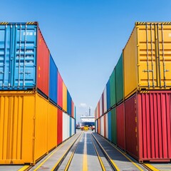 Fototapeta premium Colorful shipping containers align in a modern freight yard, showcasing vibrant colors and organized logistics for global trade.