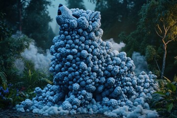 Obraz premium Artistic Bear Sculpture Surrounded by Misty Forest Atmosphere and Lush Greenery