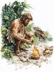 Prehistoric Survival Early Human Making Fire in a Jungle Setting with Curious Dinosaur Nearby