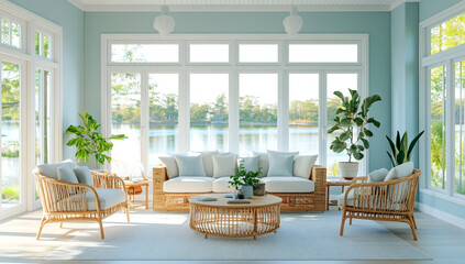 Fototapeta premium Coastal Living Room with Light Blue Walls and Water Views