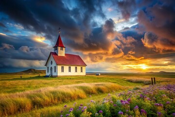 Icelandic Church in Field: Dramatic Landscape Photography
