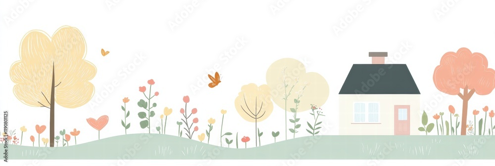 Aufkleber cozy silhouette of a house surrounded by a vibrant garden with cheerful flowers and trees in a tranq
