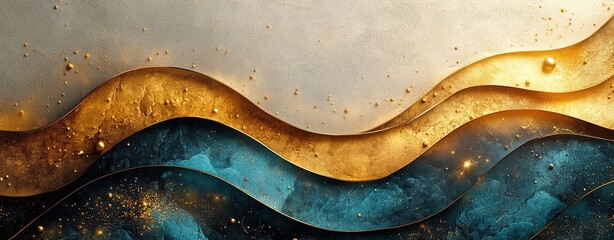 Obraz premium Luxurious Gold and Teal Abstract Background with Geometric Waves