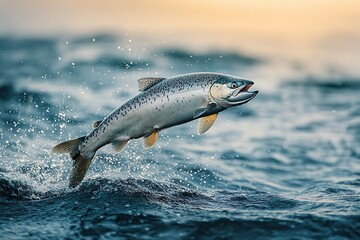 Fototapeta premium A photo that captures the moment a salmon or speckled trout jumps to the surface of a river or ocean.