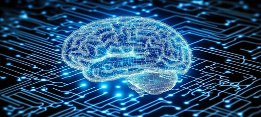 Wireframe Brain On Circuit Board Exploring Technological Connection And Innovation In AI